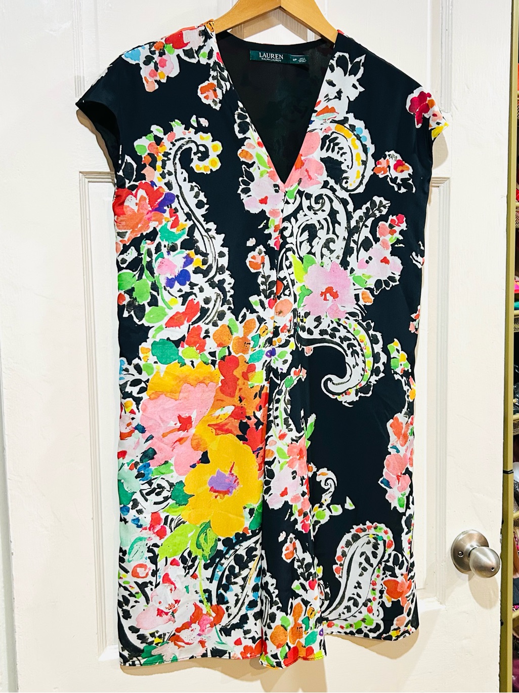 Lauren Ralph Lauren Floral V-Neck Shift Dress Silk-Feel Preppy Office Size 2p